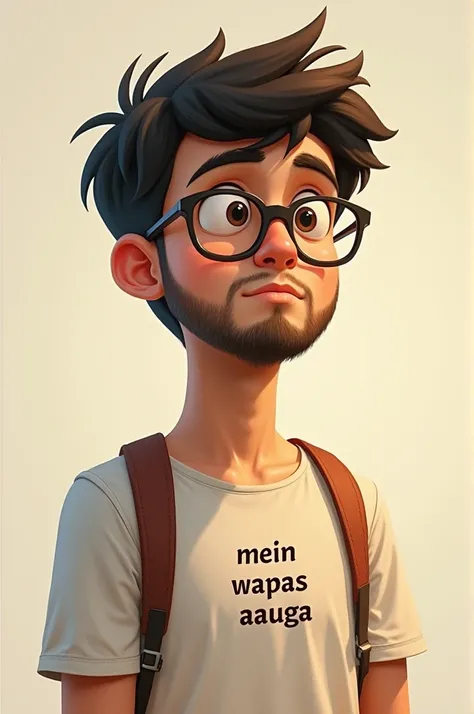 Create a boy with spectacles with light beard wearing tshirt and mein wapas aauga written and on his t shirt 