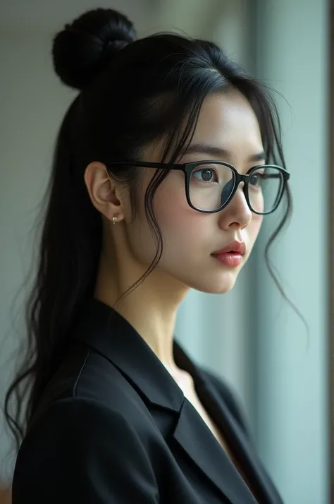 Woman 4 black hair tied up white skin glasses