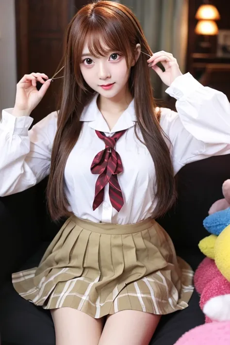 1, female, game streamer, cosplayer, cute, cheerful, energetic, natural, long straight, light brown hair, curled ends, big eyes, double eyelids, light brown eyes, height 157cm, F cup, 3 sizes: B88, W56, H85, school uniform　mini skirt　sexy　Cosplay, cute voi...