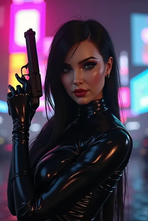 A 3D Masterpiece, details  perfect face,   Ultra-realistic hair. Very black eye makeup, 24k,  Kim Kardashian as a femme fatale. She wears a sleek leather, photorealism, render of a gorgeously She holds a cyberpunk pistol,gun  in one hand, pointed upwards. ...