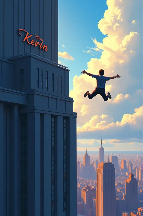 A guy jumping off a building with Kevin written on it, Disney Pixar written on it like a movie poster.
