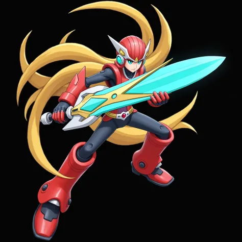 Generates an ultra-realistic android that calls itself Mega Man, but his name is zero, He has a helmet and a turquoise diamond-shaped symbol on the front of the helmet., The helmet has 2 parallel sides in the shape of a red right triangle around the middle...