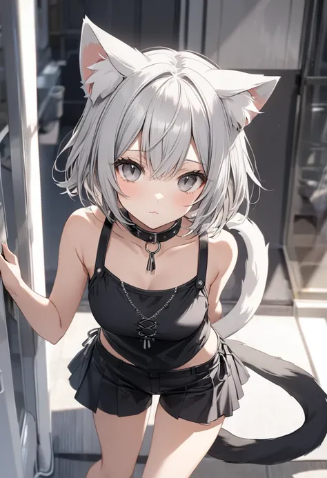 short hair, (Gray eyes:1.5),  animal ears, tail, Silver hair,  Cat ear, Cat&#39;s Tail,  Bikini Swimwear(small breast:1.2), BREAK looking at viewer, BREAK 湖, BREAK (masterpiece:1.2), best quality, high resolution, unity 8k wallpaper, (illustration:0.8), (b...