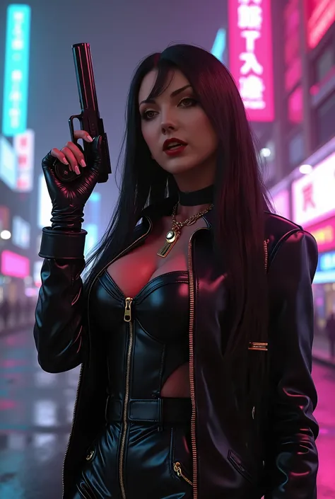 A 3D Masterpiece, details  perfect face,   Ultra-realistic hair. Very black eye makeup, 24k,  Kim Kardashian as a femme fatale. She wears a sleek leather, photorealism, render of a gorgeously She holds a cyberpunk pistol,gun  in one hand, pointed upwards. ...