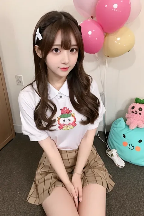 1, female, game streamer, cosplayer, cute, cheerful, energetic, natural, long straight, light brown hair, curled ends, big eyes, double eyelids, light brown eyes, height 157cm, F cup, 3 sizes: B88, W56, H85, school uniform　mini skirt　Spread your legs　Under...