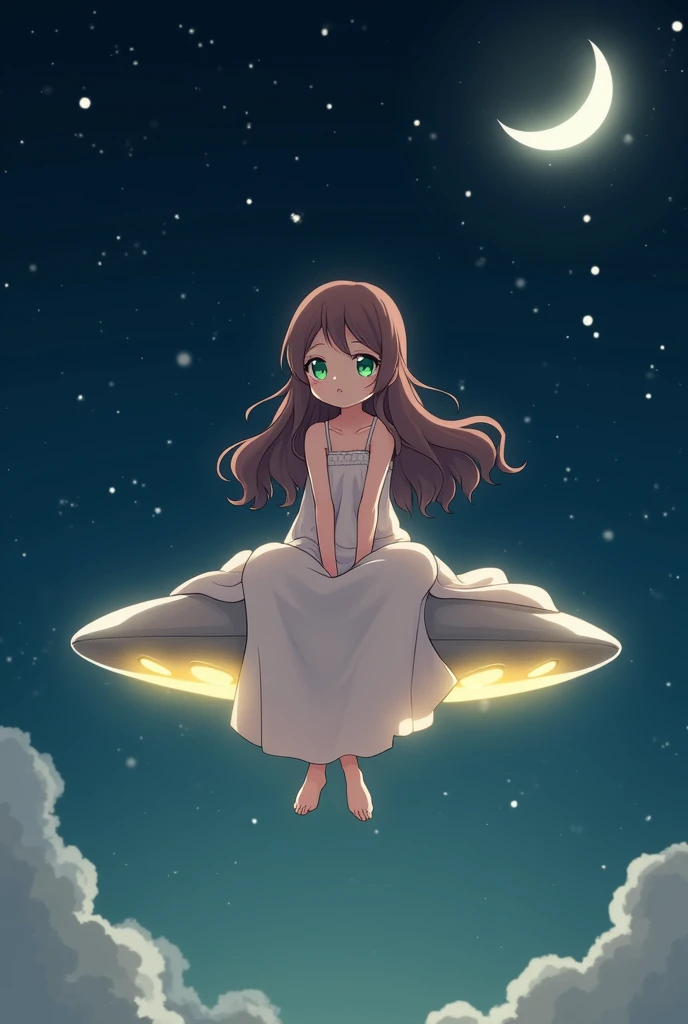 A anime oc that’s a girl with long wavy bangs and the rest is long wavy brown hair,big light green eyes, pretty lashes,button nose, pretty lips, 5’4 and skinny and wearing a pretty long dress and sitting on a ufo,crist crossed and that’s far up in the sky ...