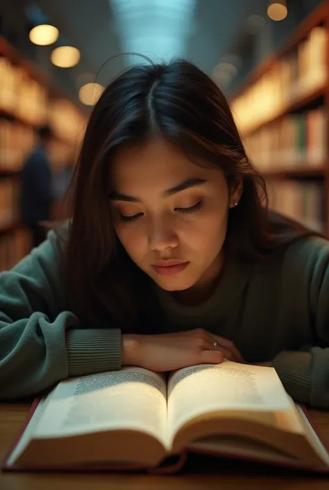 Camera Angle：Close shot，Focused expression，environment：University Library，Light：warmth，time：Students sitting at the table in the library in the afternoon，Flipping through a book，周围environment宁静，Occasionally, students walk by.。