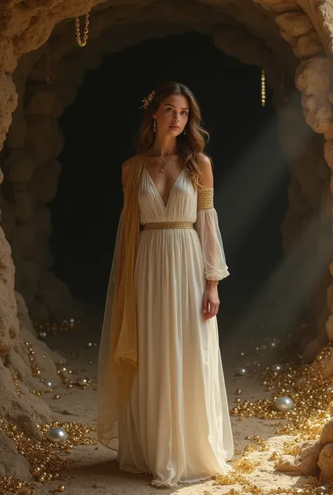 A Greek girl with long, wavy brown hair, brown eyes, wearing a simple white Greek dress decorated with transparent gold tulle on the sleeves and gold tulle as a veil over her hair, white skin, full breasts, thin waist and wide hips in a dark cave full of g...