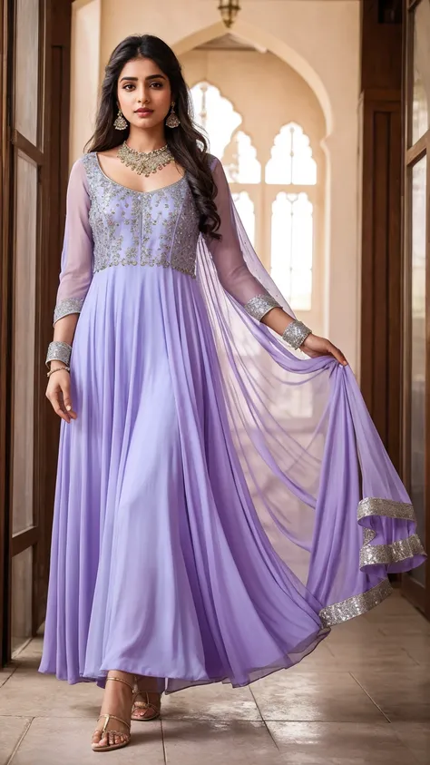 A pastel lavender Anarkali suit with a floor-length, flowy georgette fabric, featuring silver threadwork and sequins scattered across the bodice and hem. The suit has full sheer sleeves with intricate embroidery along the cuffs. Paired with a matching lave...