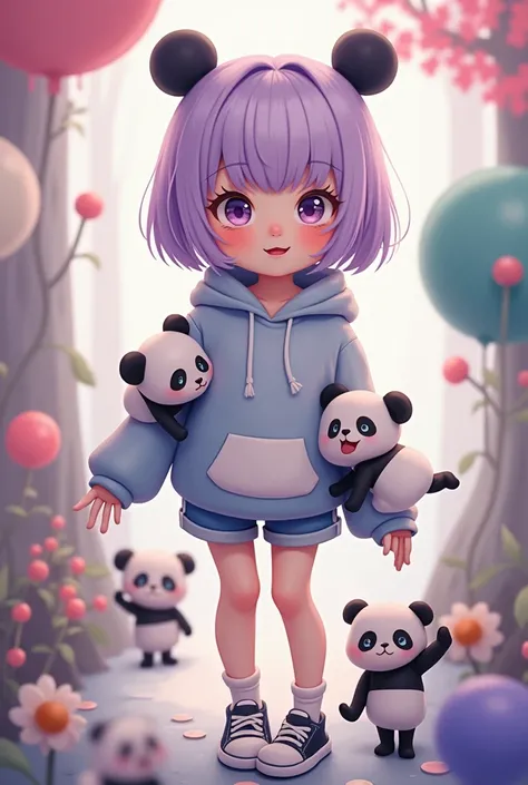 Lavender hair, bob short, one girl, a girl with a cute stuffed panda, a panda-clad hoodie and blue shorts, sneakers, little characters, three-headed girls