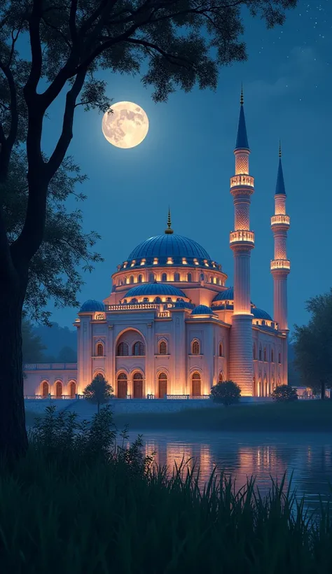 (photorealism:1.2), The evening atmosphere looks calm with some grass in front and behind it there is a magnificent, luxurious mosque that looks far away., and beside it there is a tree And above it there is a full moon and stars Shining bright Ultra HD ph...