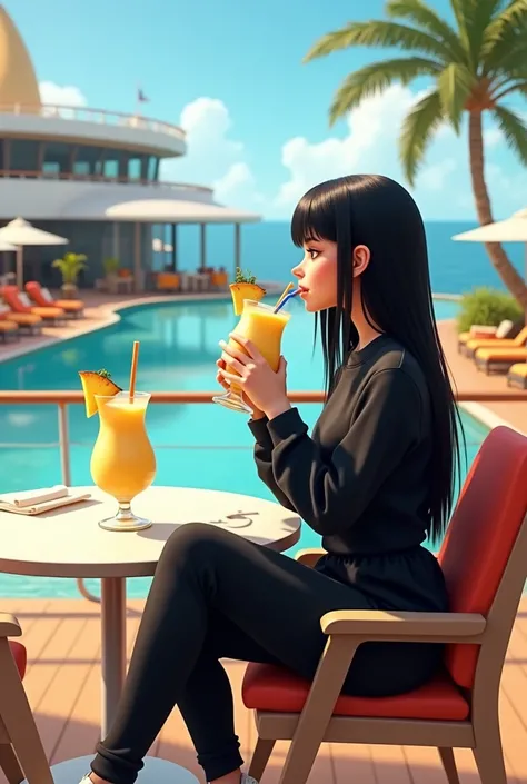 Girl in her 20’s, long black straight hair, wearing black sweatsuit with white sneakers, having piña colada at restaurant by pool at large cruise ship . Pixar cartoon 