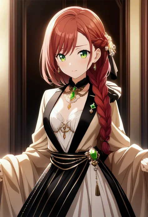 1 girl, reddish hair, long, with a braid that falls in front of her right shoulder, green eyes, dressed in expensive and luxurious clothes, small breasts, CG