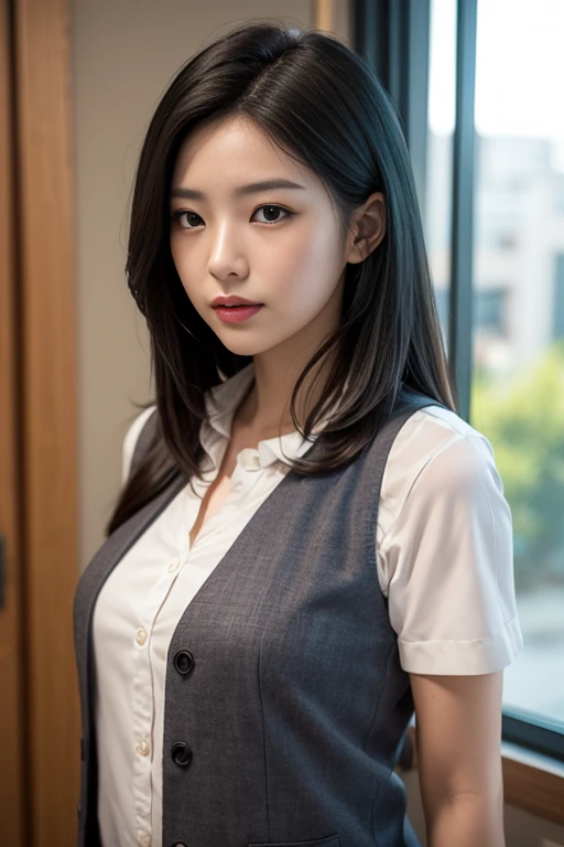 1 korean girl, mature woman, standing directly in front of the camera, I close my eyes and look like I am waiting for a kiss, vest, bow, photograph, very detailed, surreal, 3D, octane rendering, realistic, highest quality, hire, detailed face, office, buil...