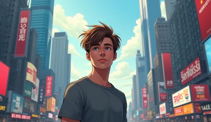 A young man, Sam, with brown hair, blue eyes, and a casual T-shirt, standing in a bustling city. He looks up confidently at towering skyscrapers, symbolizing ambition. In the background, there’s traffic and billboards, showing the noise and distractions of...