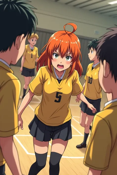 Orange hair female kid(14 years) whit a school japanese yellow uniform and a angry face Shouting to boys (one with black hair, two black and two blonde) also wearing yellow uniforms in a volleyball gym and the camera has to be on the side