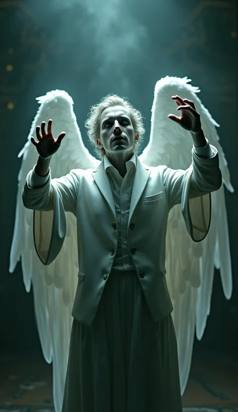 An angel man with a eerie vibe poses like a maestro leading an orchestra. The angel poses with both hands raised with one hand holding a conductors baton 