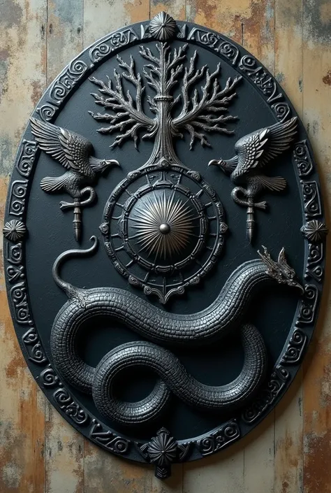 coat of arms, The circle shape is made of black metal., Viking art,Viking artโบราณ, On the front of the shield are the images of an eagle, a magical tree and a giant serpent, Jörmungandr., A giant snake coils around the edge of the circle., The edges are d...