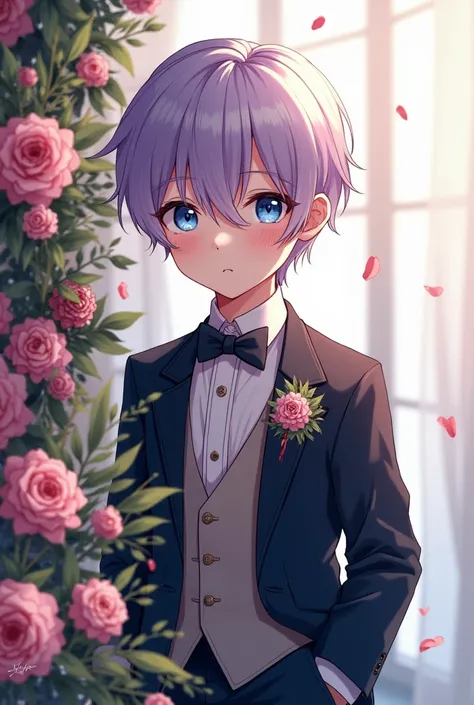 And:1 boy with straight light purple hair and blue eyes wearing a wedding suit near a wedding bouquet