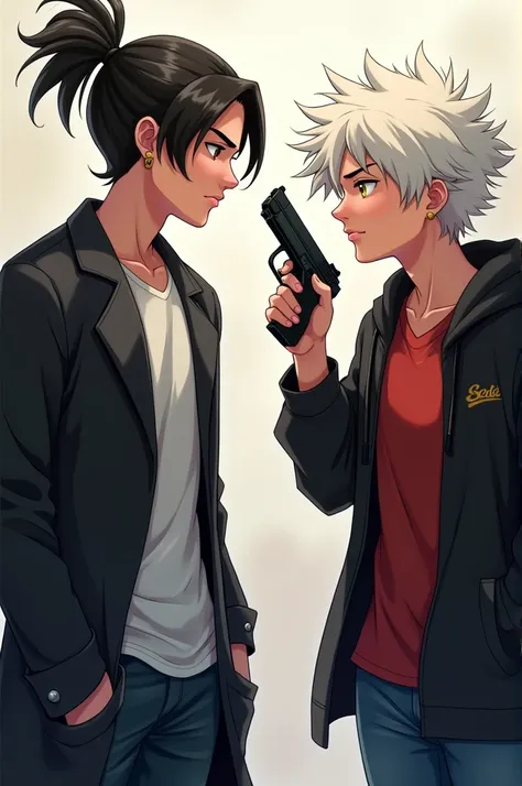 Create two characters pointing a gun at each other Big hair tied in cock, black lab coat white shirt, thin eyes, imposing and serious face, and a mole below the right oko and an earring in the right ear A 2 teenager, With a, White, messy hair yellowish gra...