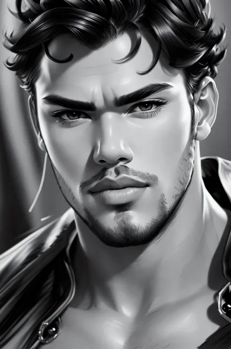 drawing of handsome sexy man, toned body, making serious face, close-up