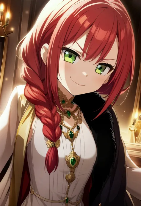 1 girl, long, loose red hair, braid over right shoulder, green eyes, arrogant expression, haughty smile, smug smile, expensive and luxurious clothes, small breasts, CG