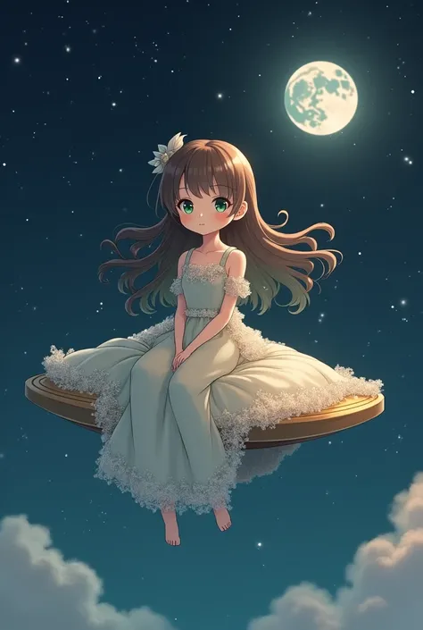 A anime oc that’s a girl with long wavy bangs and the rest is long wavy brown hair,big light green eyes, pretty lashes,button nose, pretty lips, 5’4,skinny also a  and wearing a pretty long detailed dress and sitting on a ufo,sitting crist crossed and that...