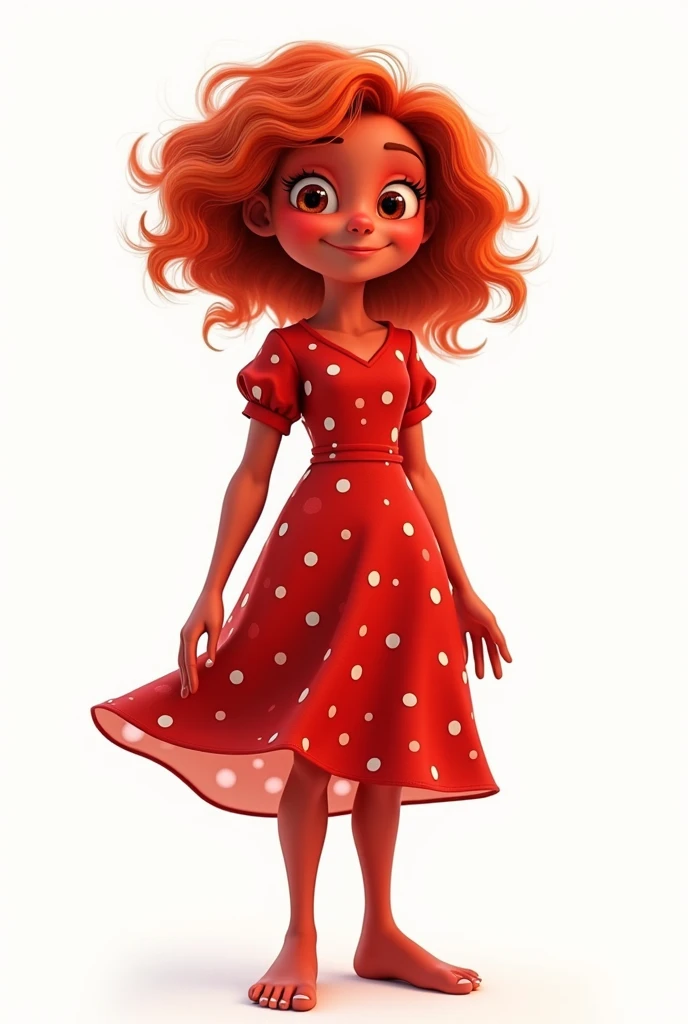 A full body with characteristics of the Pixar drawing,  with red skin wavy red hair too, wearing a red polka dot dress . O fundo deve ser branco



