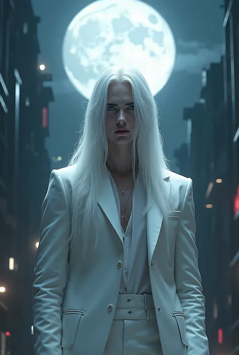 masterpiece, highest quality, (solo focus), (perfect face:1.1), (high detail:1.1),dramatic, 1guy, (pale skin), long white hair, white eyes, solo, long hair, moon, night, white luxury suit, covered navel, pouty lips, covered, futuristic city, detailed backg...