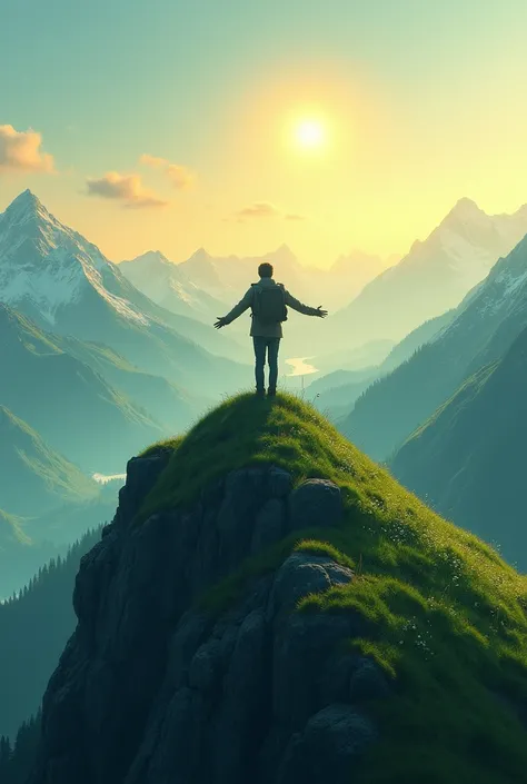 A man is standing in the top of a green
mountain and leave his hands in the evening time of a winter with lot of happiness 