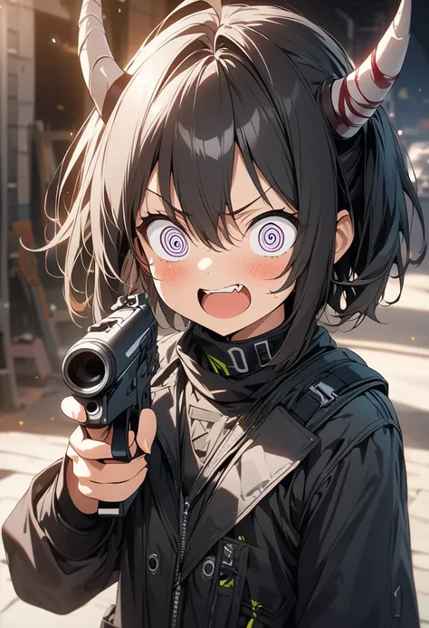 score up_9,score up_8,score up_7,source_anime,rating_safety,masterpiece,best quality,super fine illustration,hyper detailed,8k,BREAK 1 girl,Crazy Eyes,Devil horn,BREAK black army jacket,holding_gun,