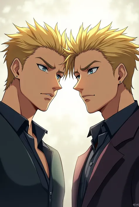 Create a 2 man, blond and serious anime