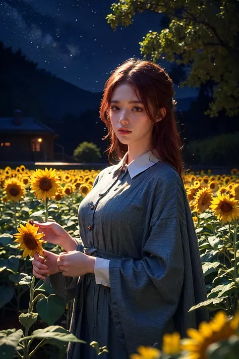 Beautiful woman, Red hair, Sunflower field, Amber eyes, 8k, Best quality, (Van Gogh, Night background full of stars), Detailed hair, Fine eyes