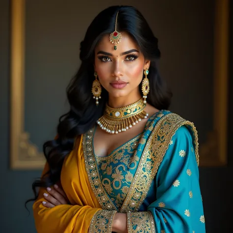 a beautiful dominant pakistani muslim woman with a curvy figure, detailed face and eyes, wearing a blue and yellow traditional indian outfit, intricate jewelry, posing confidently, photorealistic, 8k, high quality, hyperdetailed