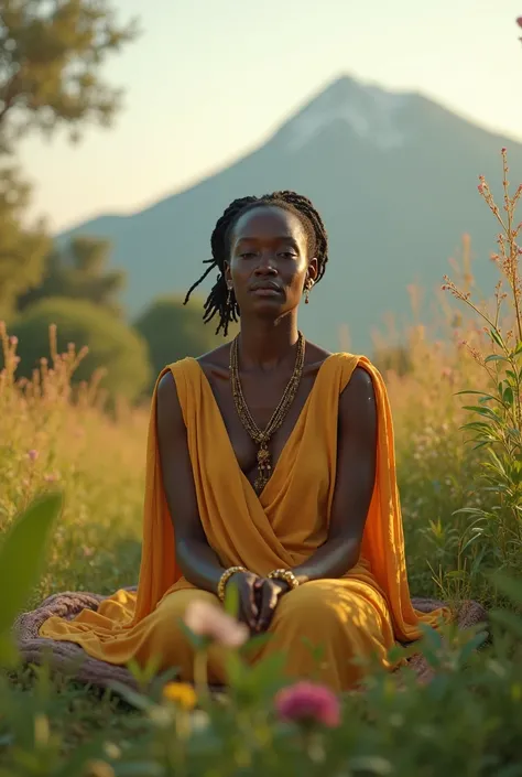 An Ethiopian women setting on the middle of the garden while sun is on her face and mountain in rear back