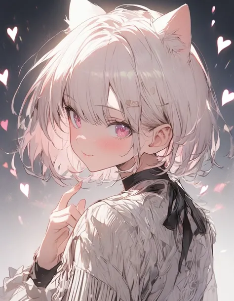 1 girl, (Sketches), (close), (Small body), (Pink Cheeks), (Cute cat ears), white hair, (Short Bob Hair:1.4), (Make the shape of a heart with her fingers), (fringe), (More about the Strand), (heart Background)