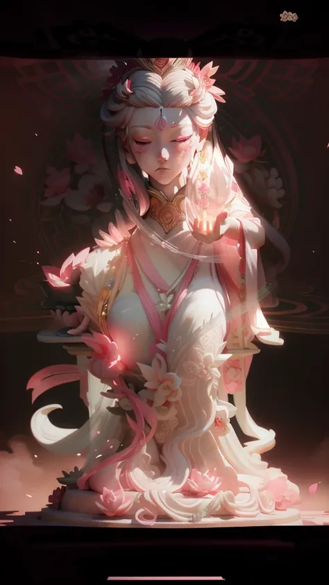 Kannon、Realistic stone statue、White and pink sculpture、Open your eyes、Cross-legged、beautiful、clear、kimono、Floral decoration、luxurious crown、Many Necklaces、Red crystal in hand、The background is lotus flowers、The background is light pink、Complex halo、Shine