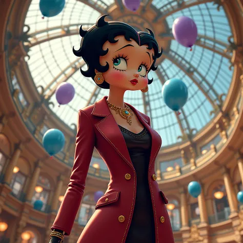 Betty boop, wearing “ FERRAGAMO “ classic coat with cocktail dress inside, “ FERRAGAMO “ boots, “ FERRAGAMO “ headband, wearing “ FERRAGAMO “ earrings，necklaces and handbag, The background is the &quot;galeries lafayette paris haussmann&quot; colorful gilt...