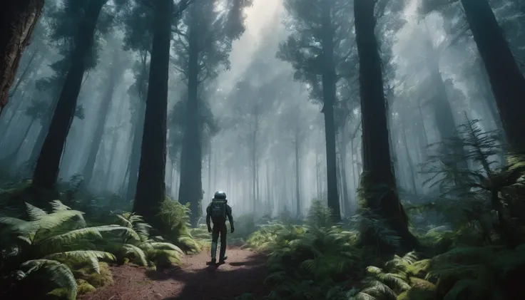 Ultra-realistic cinematic scene of **Jack Harper** entering the **alien forest of Cline** for the second time, accompanied by a small group of explorers. Jack leads confidently, unarmed, his hands raised to show peace. The misty forest surrounds them with ...