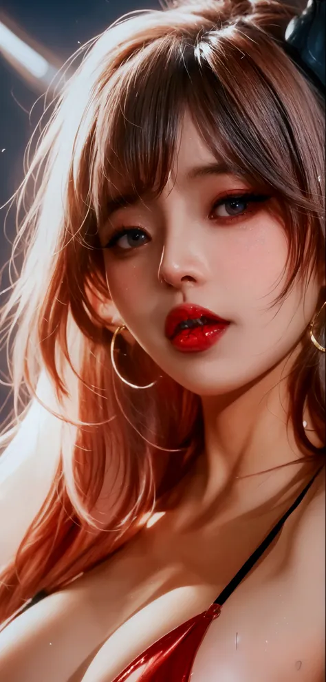 there is a woman with a red top and a big hoop earrings, artwork in the style of guweiz, realistic artstyle, 8k artgerm bokeh, inspired by Yanjun Cheng, kawaii realistic portrait, 8k high quality detailed art, glossy digital painting, realism artstyle, ros...