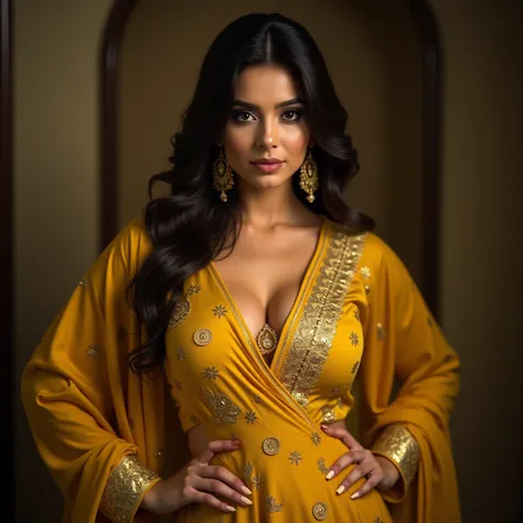 a beautiful pakistani woman in yellow traditional attire, dominant and confident expression, extremely detailed face and eyes, long eyelashes, full lips, curvy figure, large breasts, photo-realistic, intricate details, dramatic lighting, cinematic composit...