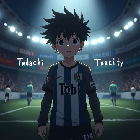 Boy anime, wearing longsleeve football jersey, with number "14" 
in jersey with a text " TOBI " in his jersey, Put a team name in a battlefield, the text in left side of a battlefield is " TMDACHI " and the text  in the right side is " TNACITY " . in a dar...