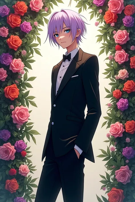 (estilo my hero academy)A tall 1 boy with straight light purple hair and blue eyes wearing a black wedding suit near a wedding bouquet