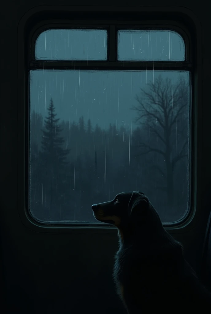 The window of a train, wet due to rain, night and cold, without that person, more with a dog 
