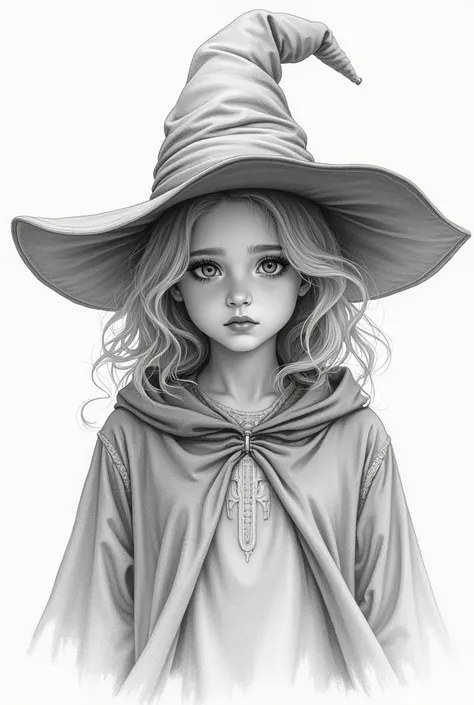 A tracing drawing sketch of a realistic 20 year old girl, blonde, with slightly wavy hair and a witch costume falling down 

