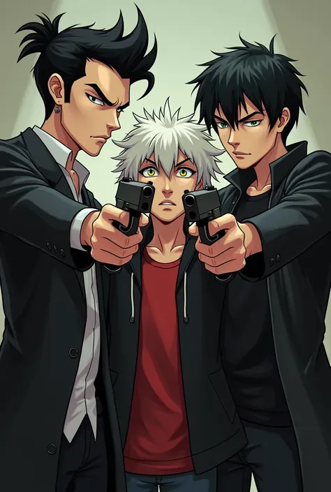 Create three characters pointing a gun at each other Big hair tied in cock, black lab coat white shirt, thin eyes, imposing and serious face, and a mole below the right oko and an earring in the right ear A 2 teenager, With a, White, messy hair yellowish g...