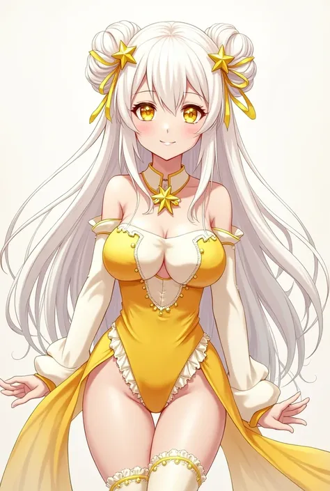 idol girl. with glowing yellow eyes, long white hair, with one part of the hair loose and the other part with two star-shaped boxes. A yellow and white outfit. The idol has to be anime style and very handsome. But I don&#39;t want it to be vulgar. anime st...