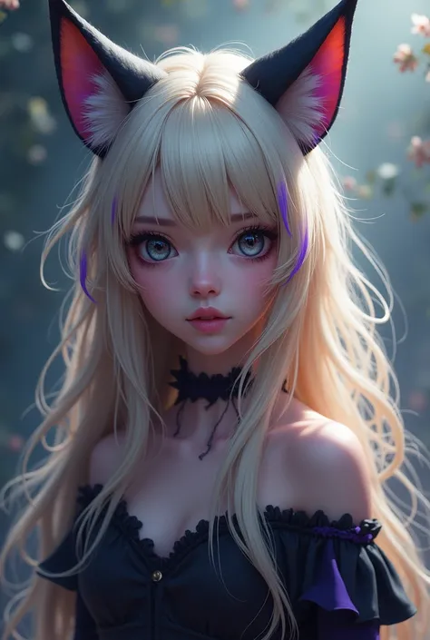 Hybrid girl with black cat ears, blonde hair with purple streaks and black eyes 