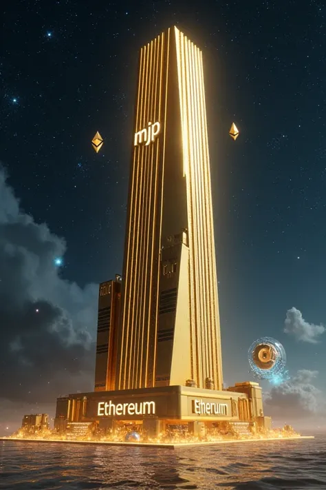 A golden skyscraper resembling Trump Tower, 「MJP」It says:. Ethereum and the Dollar Sign Rise. Blockchain connections are indicated by glowing blue lines. The background is space and galaxy