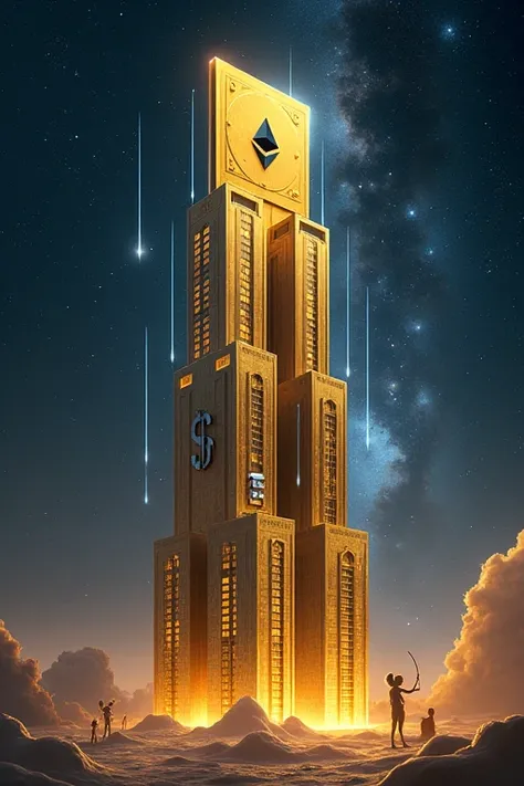 A golden skyscraper resembling Trump Tower, 「MJP」It says:. Ethereum and the Dollar Sign Rise. Blockchain connections are indicated by glowing blue lines. The background is space and galaxy